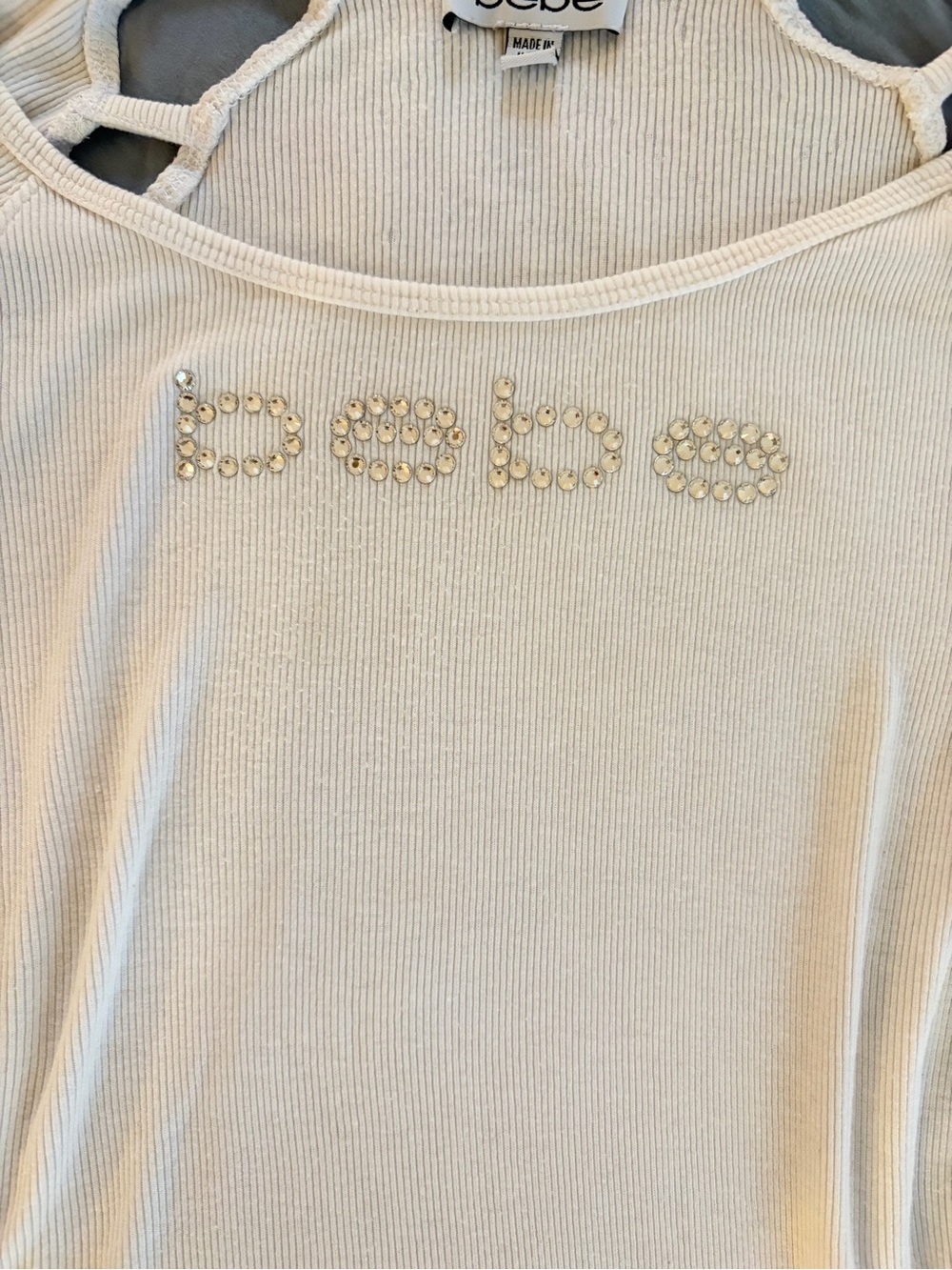 Vintage Y2K bebe White Ribbed Scoop Neck Top with Rhinestone Logo - Picture 3 of 6